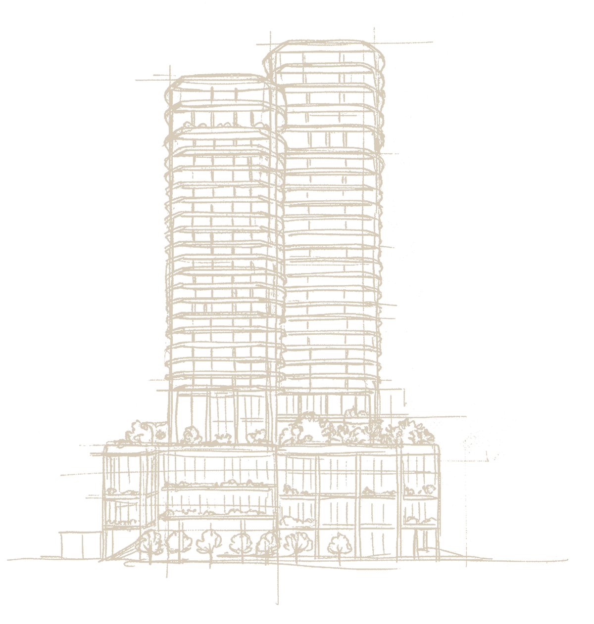 Architectural drawing of two high-rise residential towers at Banyan Tree West Palm Beach.